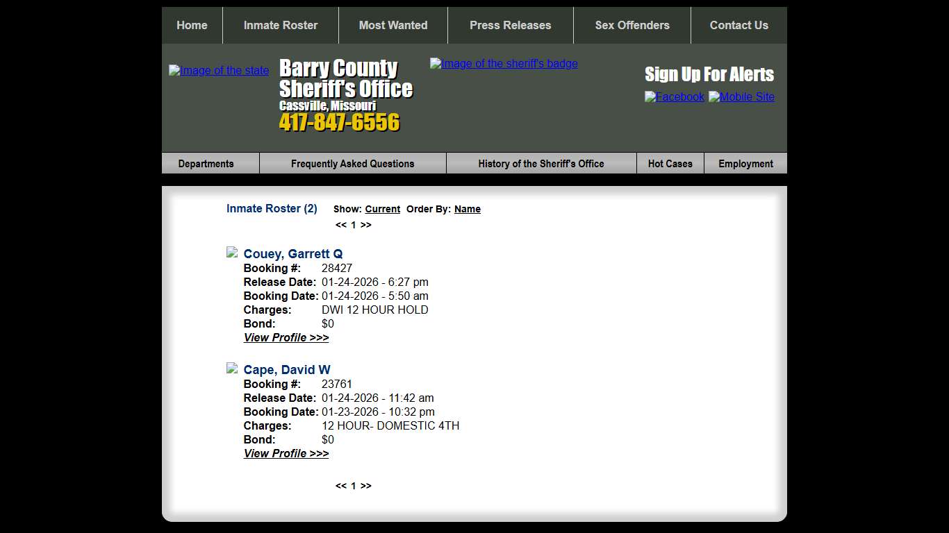Inmate Roster - Released Inmates Booking Date Descending - Barry County Sheriff MO